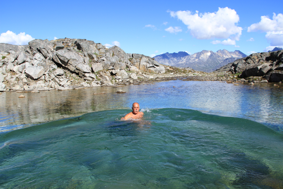 Swimming in a high lake while hiking along the BC / Alaska border