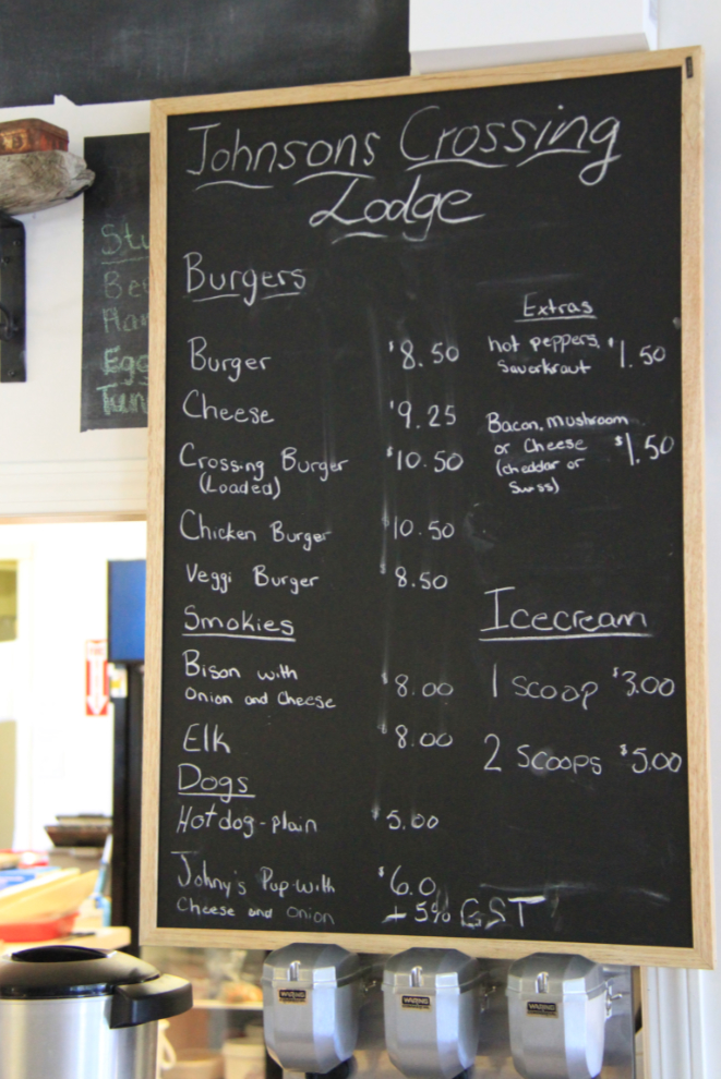 Menu at Johnson's Crossing Lodge, Alaska Highway