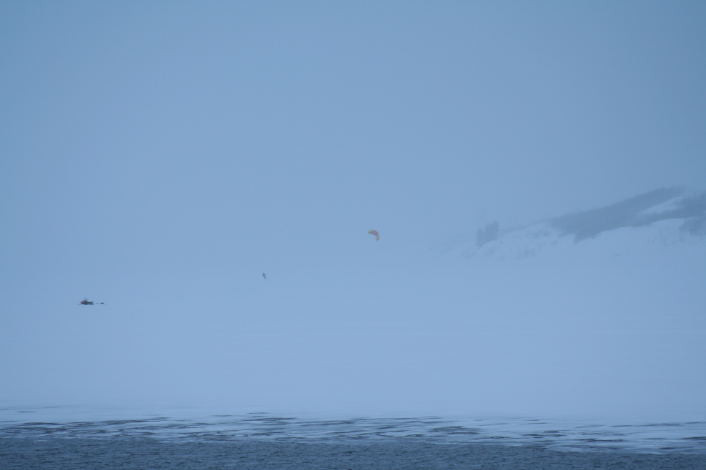 Kite-skiing in a wild March storm at Carcross, Yukon
