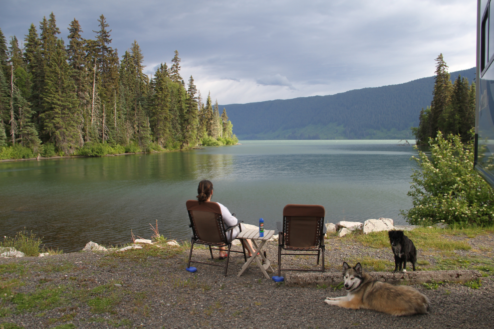 Relaxing outside the RV at Meziadin Lake campground