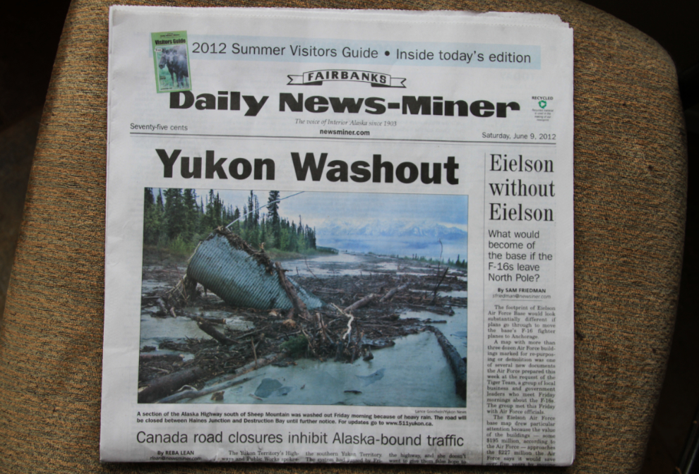 Newspaper headline - Alaska Highway closed due to washouts