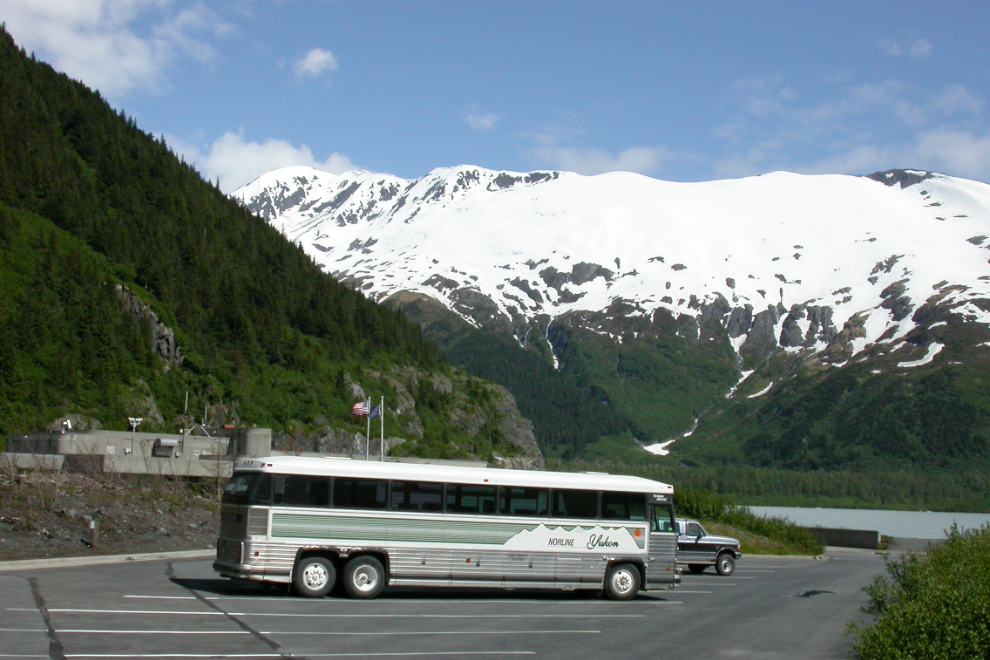 Norline tour bus at the Portage Glacier Visitor Center