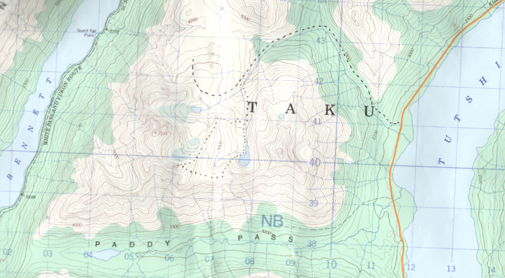 Topographical map of the Paddy Peak, BC area