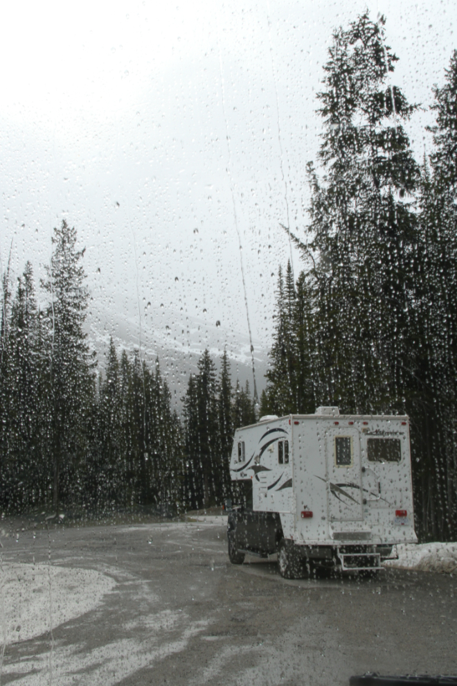RV in heavy rain at Peyto Lake in the Canadian Rockies