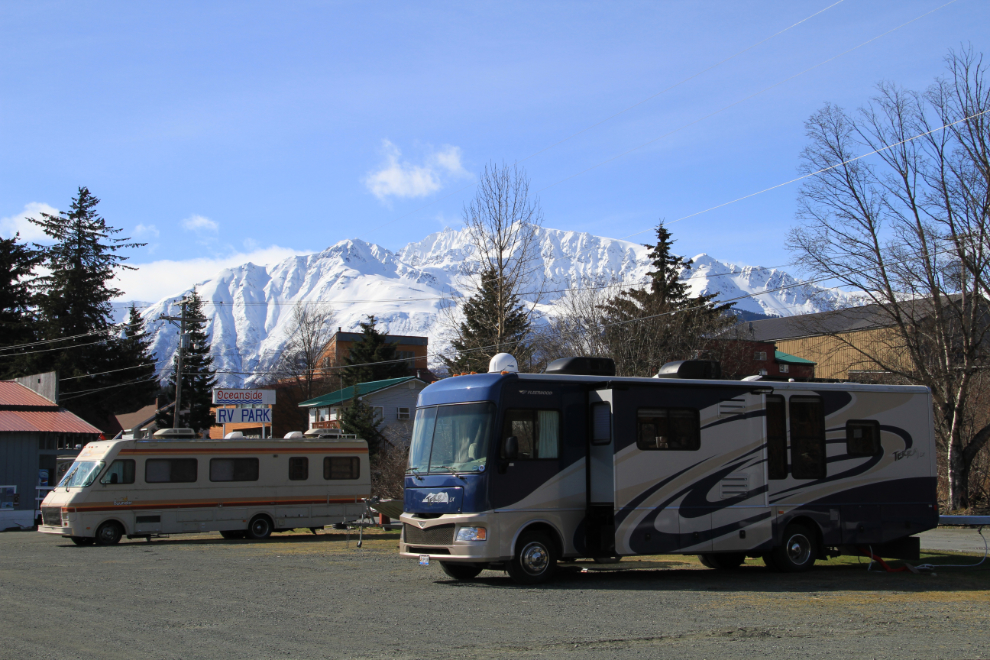 Class A motorhomes at the Oceanside RV Park in Haines, Alaska