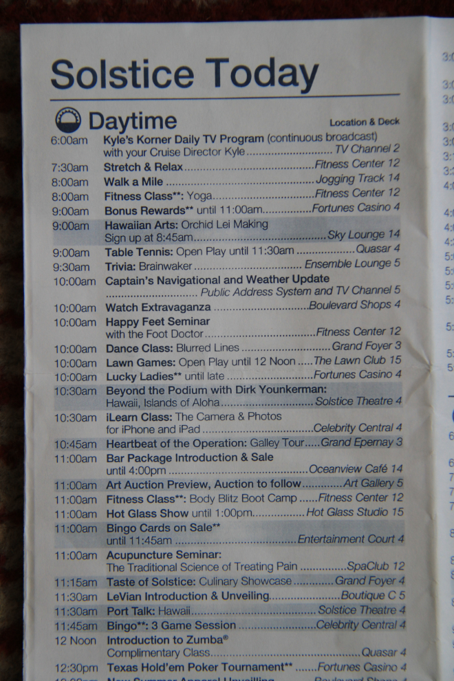 Daily schedule of events on the cruise ship Celebrity Solstice