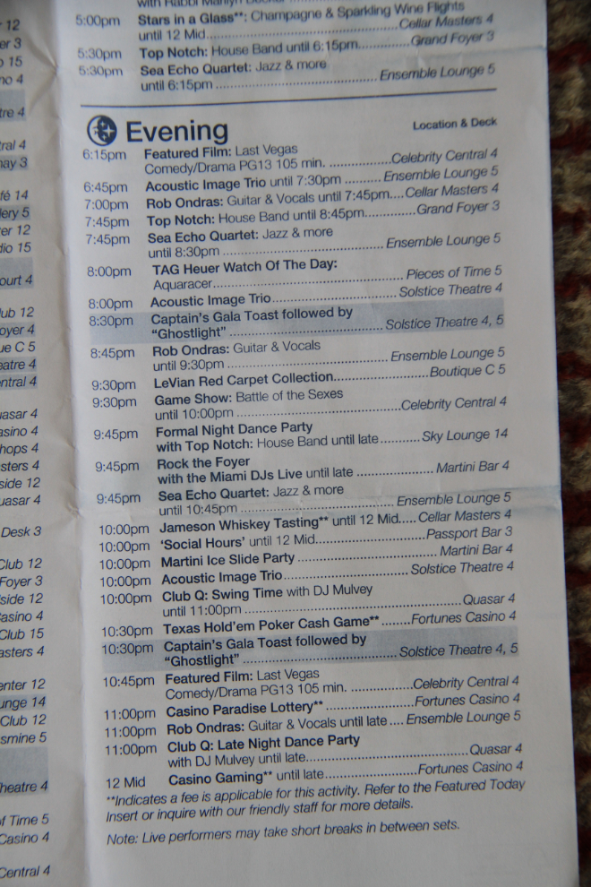 Daily schedule of events on the cruise ship Celebrity Solstice