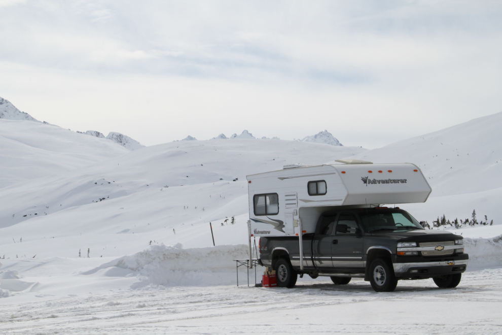 Truck and camper in the White Pass in the winter