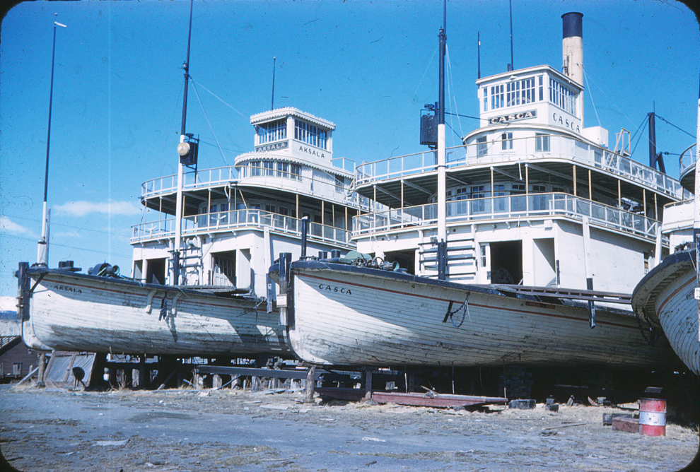 The sternwheelers Aksala and Casca in the shipyards at Whitehorse in the 1960s.