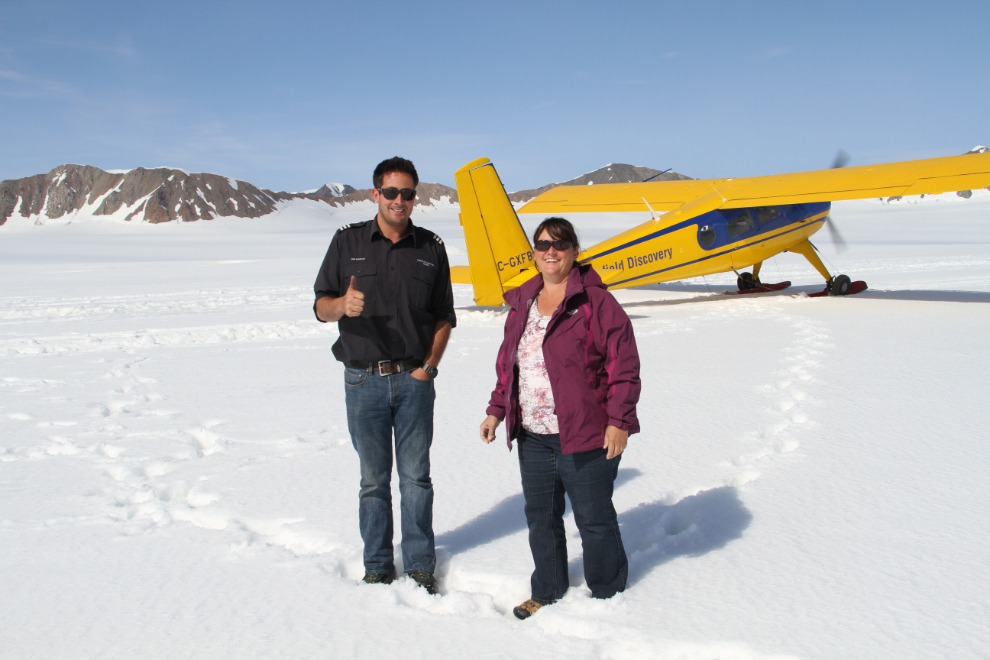 Pilot Tom Bradley and Cathy Dyson at the Icefield Discovery Base Camp on the Hubbard Glacier
