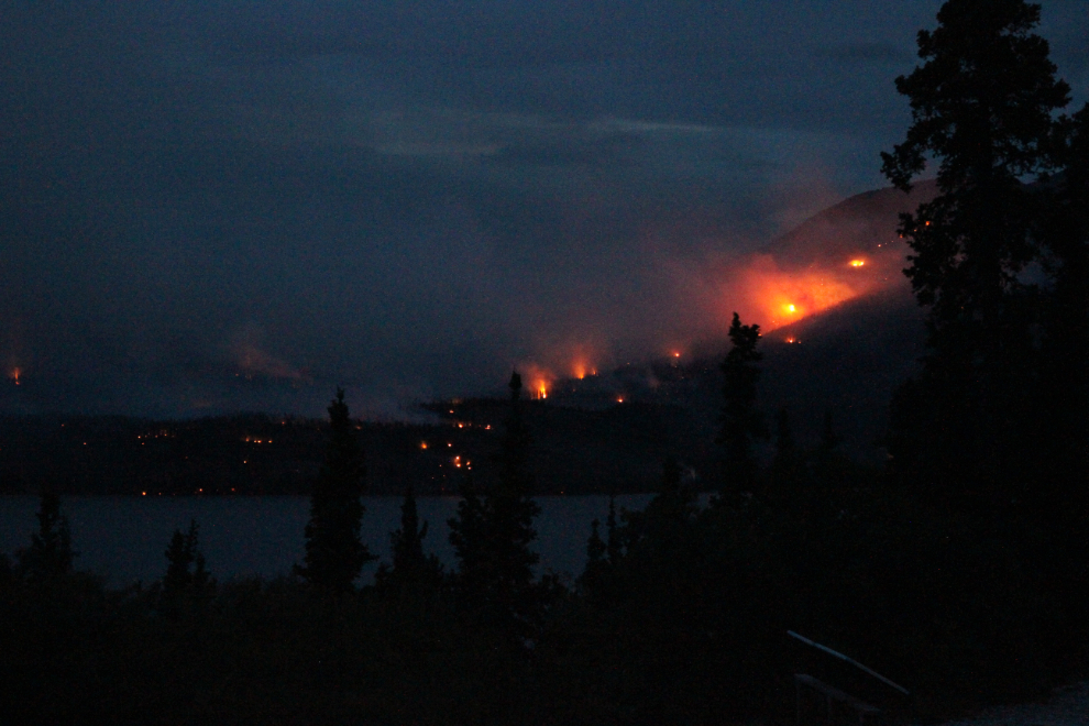 Night photo of the Windy Arm wildfire in the southern Yukon