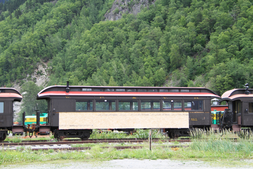 White Pass & Yukon Route railway passenger car being restored