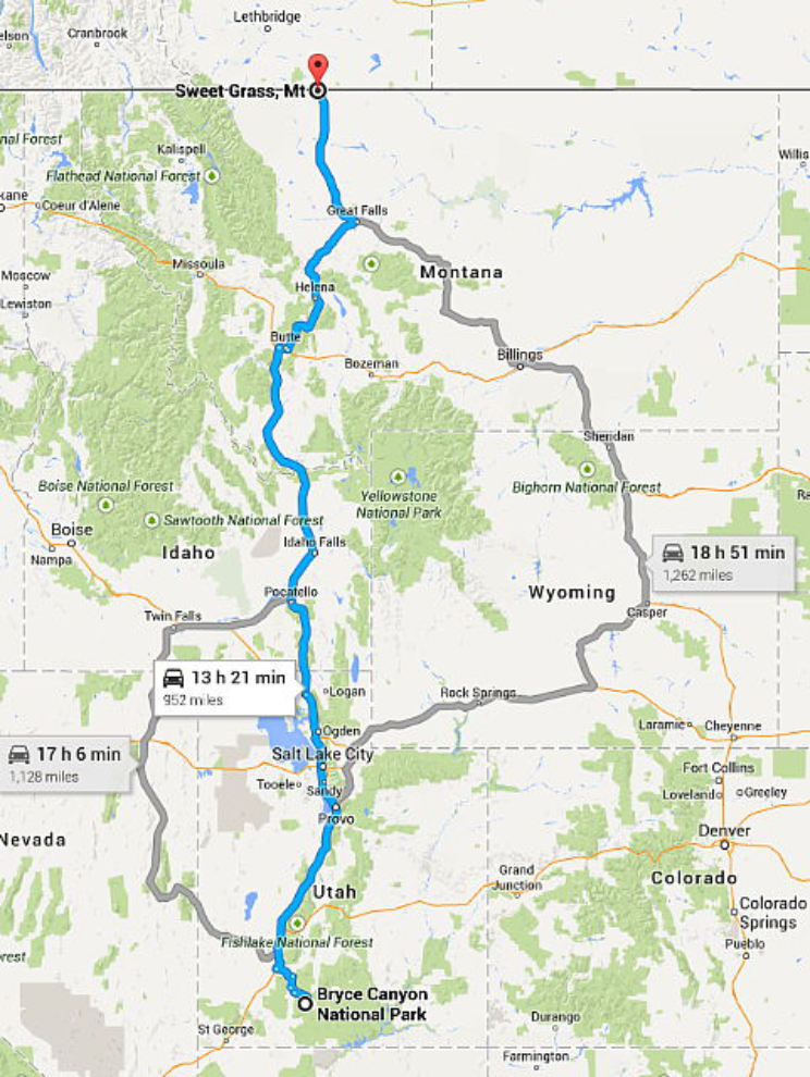 Route map through Utah, Idaho and Montana