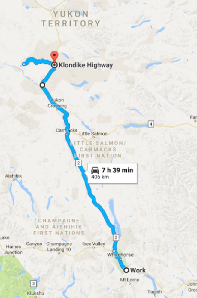 Map of the route from Whitehorse to Fort Selkirk, Yukon
