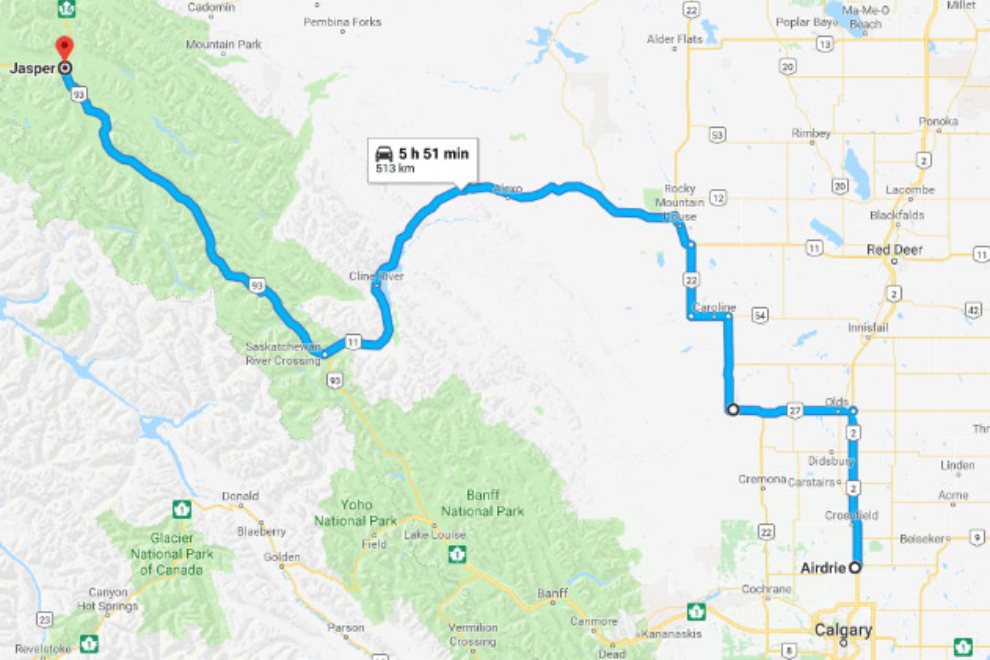 Airdrie to Jasper via Hwy 11 - map