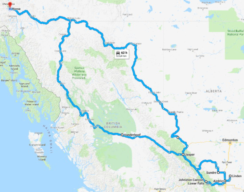 Winter road trip map - Whitehorse to Calgary and back