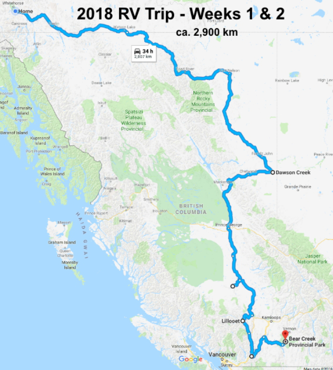 RV trip map - Whitehorse to Kelowna, the wandering way