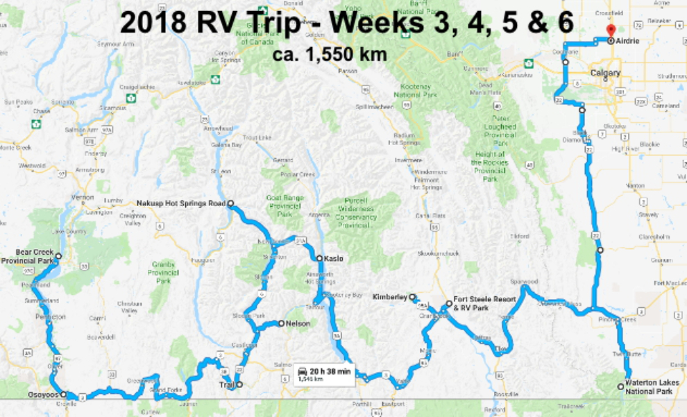 RV trip map - Kelowna to Calgary, the wandering way