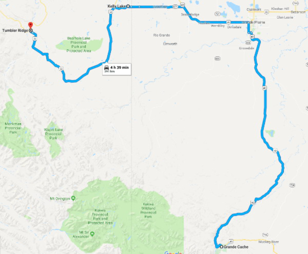 Map - Grande Cache to Kelly Lake to Tumbler Ridge