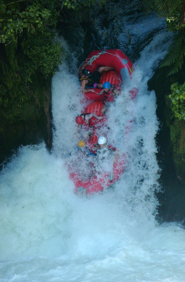 Rafting a waterfall on the Kaituna River, New Zealand