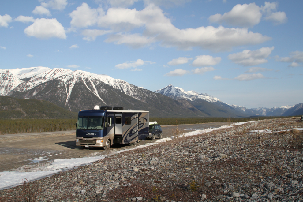 My RV at a pullout along Muncho Lake, BC