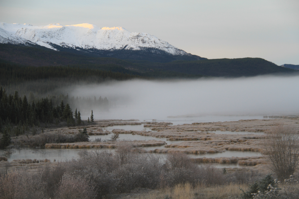 A foggy Fall morning on the Alaska Highway west of Teslin
