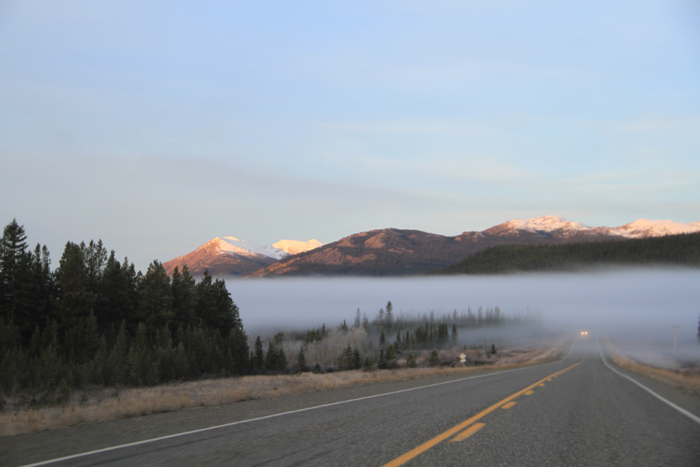 A foggy Fall morning on the Alaska Highway west of Teslin