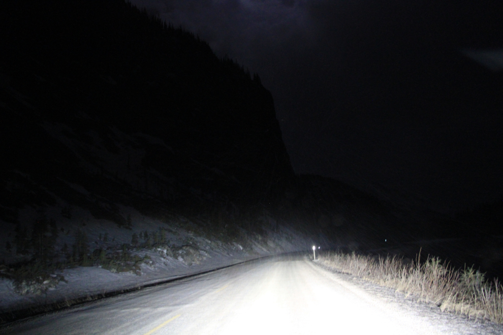 The Alaska Highway at night in the winter