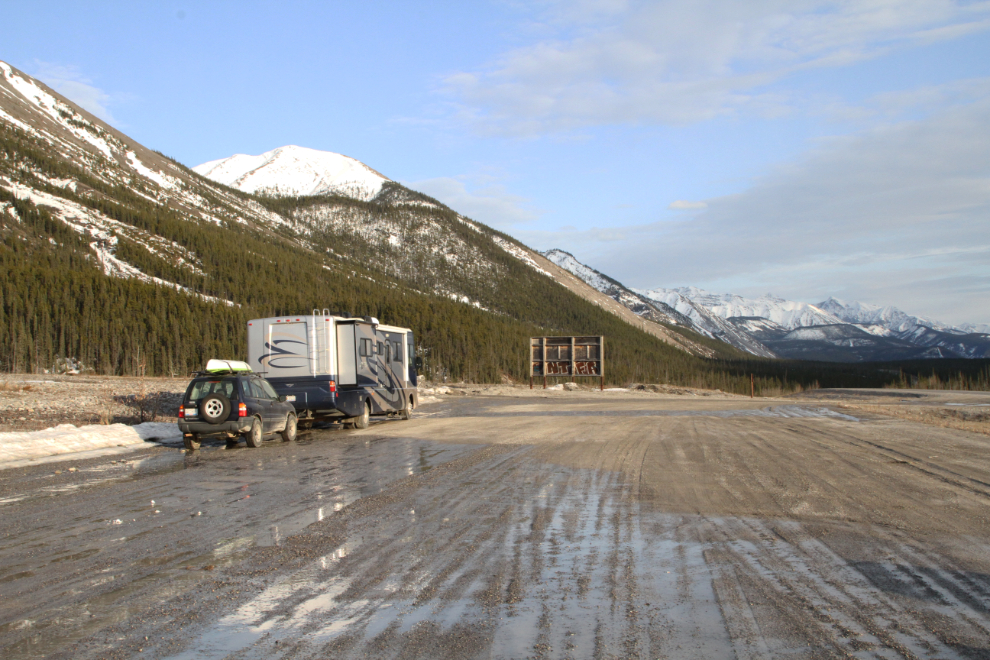 RV parked at a pullout in Muncho Lake Provincial Park, BC