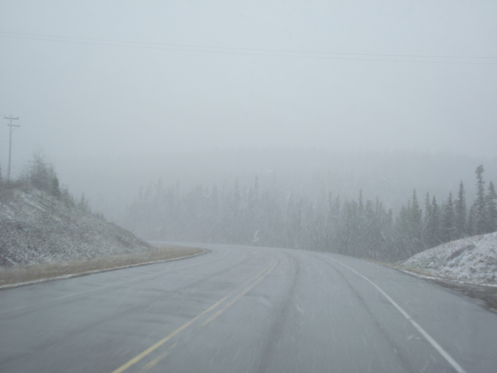 Sleet and fog on the Alaska Highway at Whitehorse in May