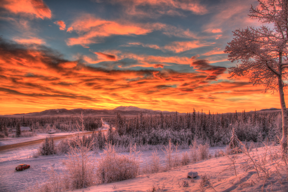Winter sunrise over the Alaska Highway at Whitehorse
