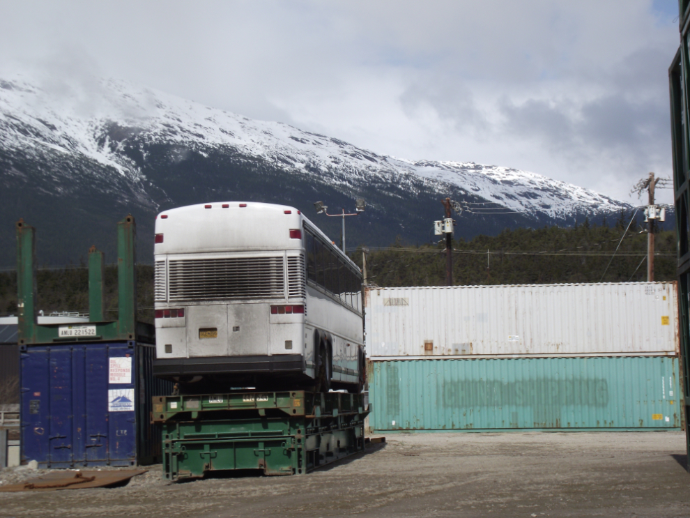 Tour buses arriving at Skagway by barge