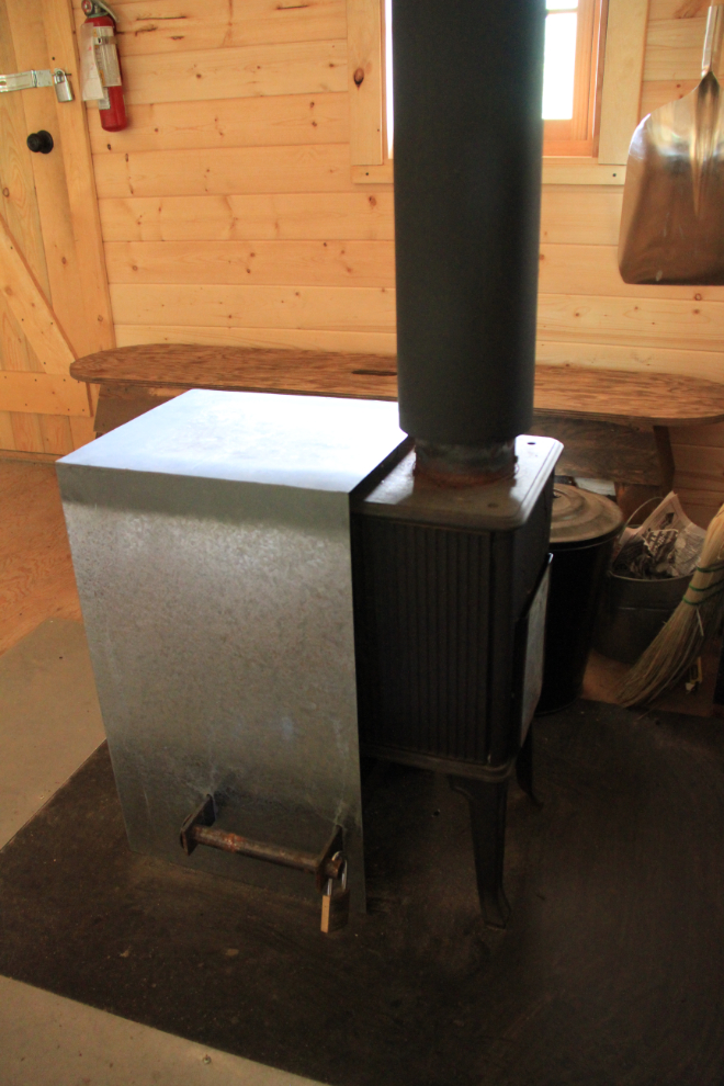 Wood stove in the hikers' warming hut at Bennett, BC