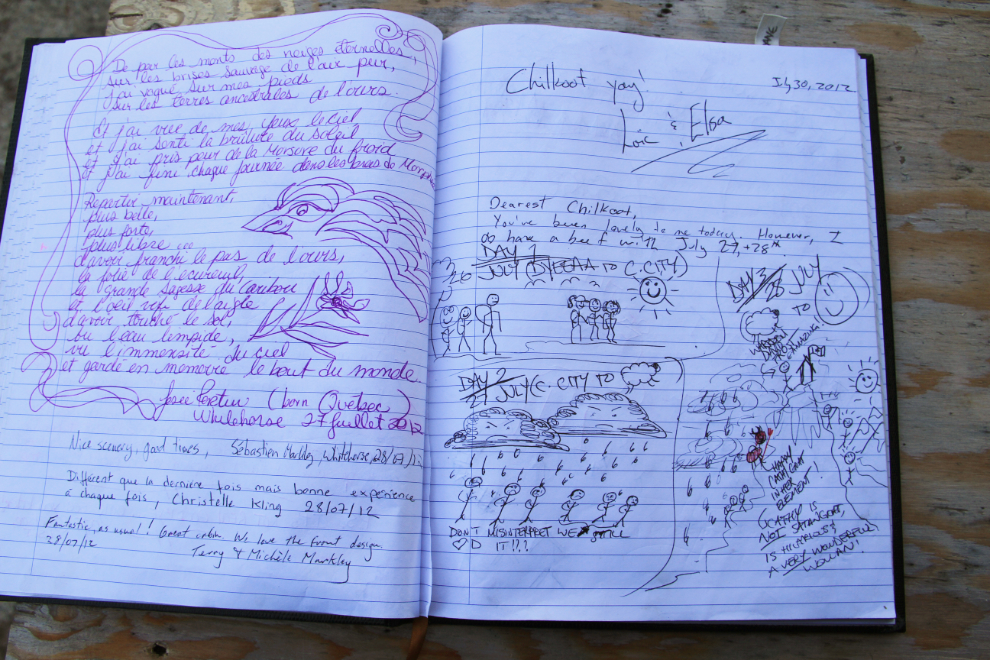The trail book with hiker's notes and drawings, at Bennett, British Columbia