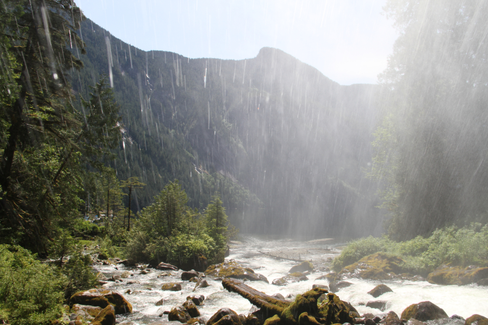Standing in the heavy spray of Chatterbox Falls, BC