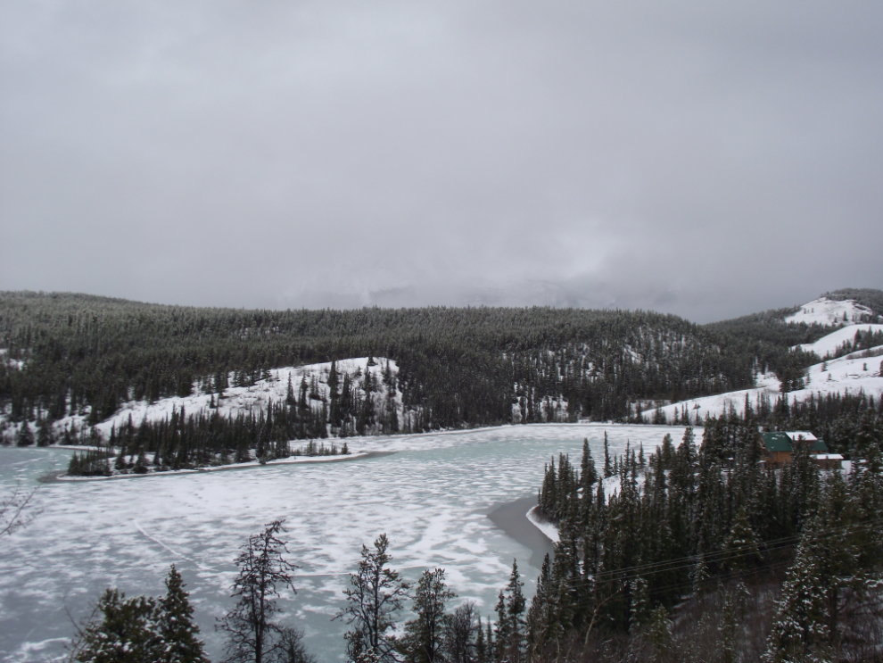 Still-frozen Emerald Lake in May.