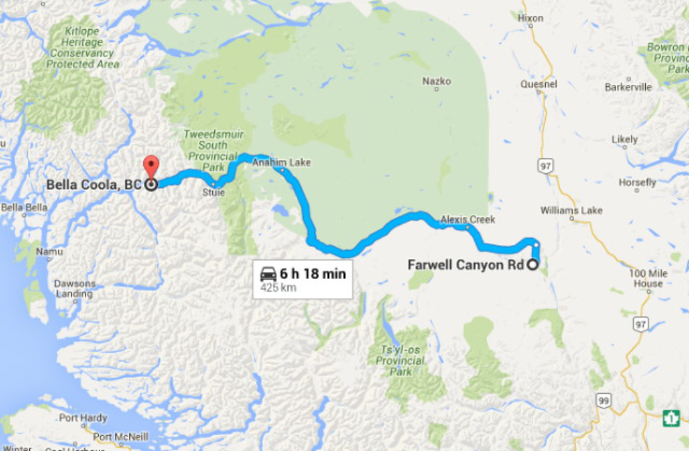 Map of the drive from Farwell Canyon to Bella Coola