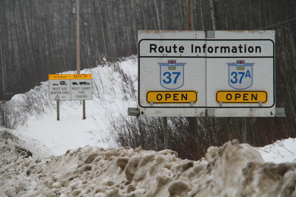 The 'Highways Open' sign at Km 6.6 of the Stewart-Cassiar