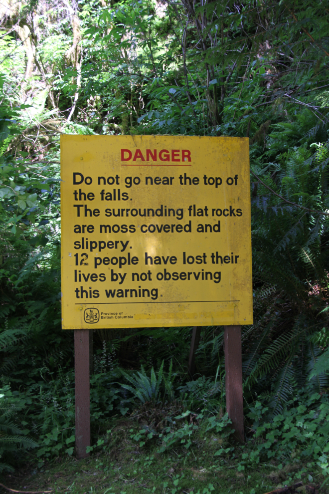 Warning sign at Chatterbox Falls, Princess Louisa Inlet, BC