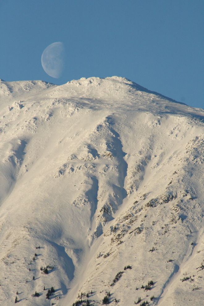The moon setting behind Mount Grey at Carcross