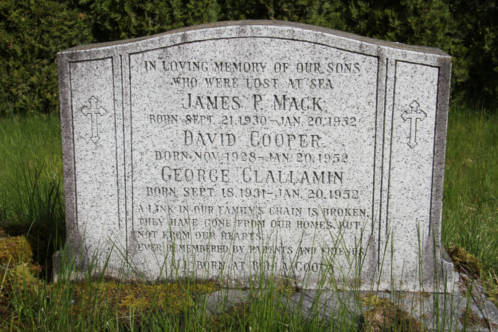 This monument at Bella Coola, BC, marks the death at sea of 3 young men on January 20, 1952. James P. Mack was 21 years old, David Cooper was 23, and George Clallamin was 20.