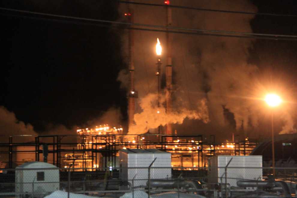 Gas processing plant at Taylor, BC, at night