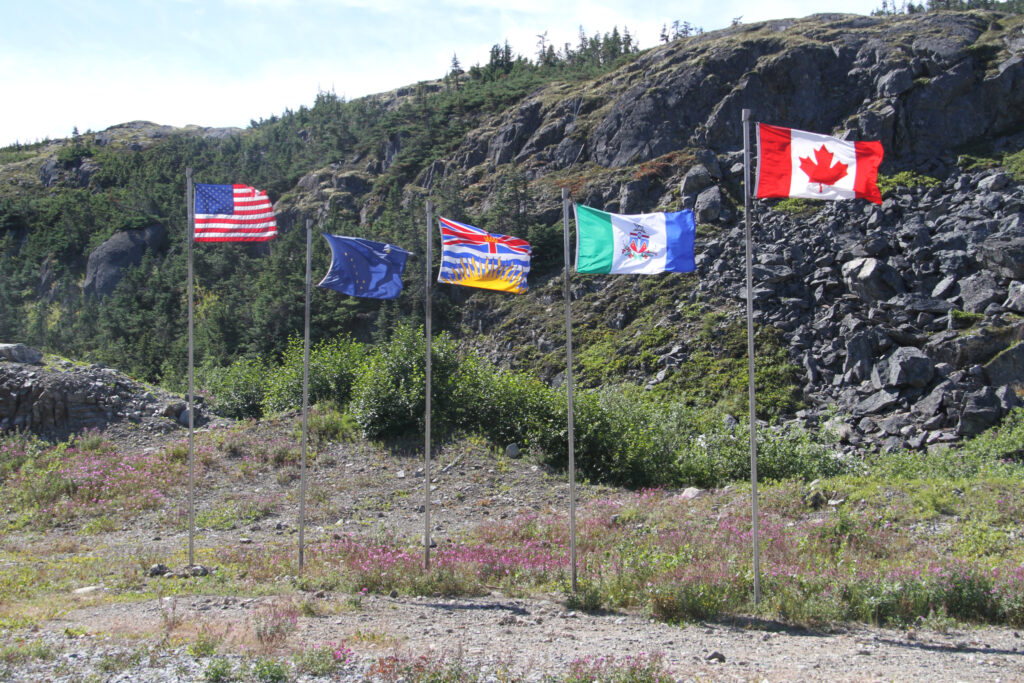 Flags from the United States of America, Alaska, British Columbia, the Yukon, and Canada