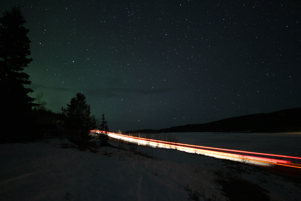 Traffic on the Alaska Highway at midnight