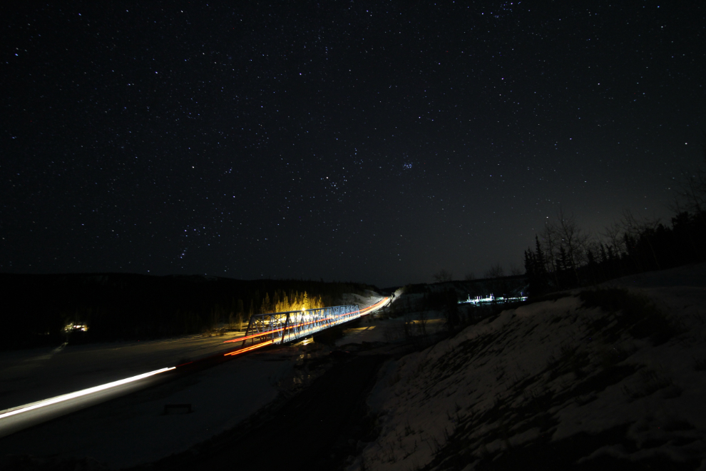 Traffic on the Yukon River Bridge at midnight