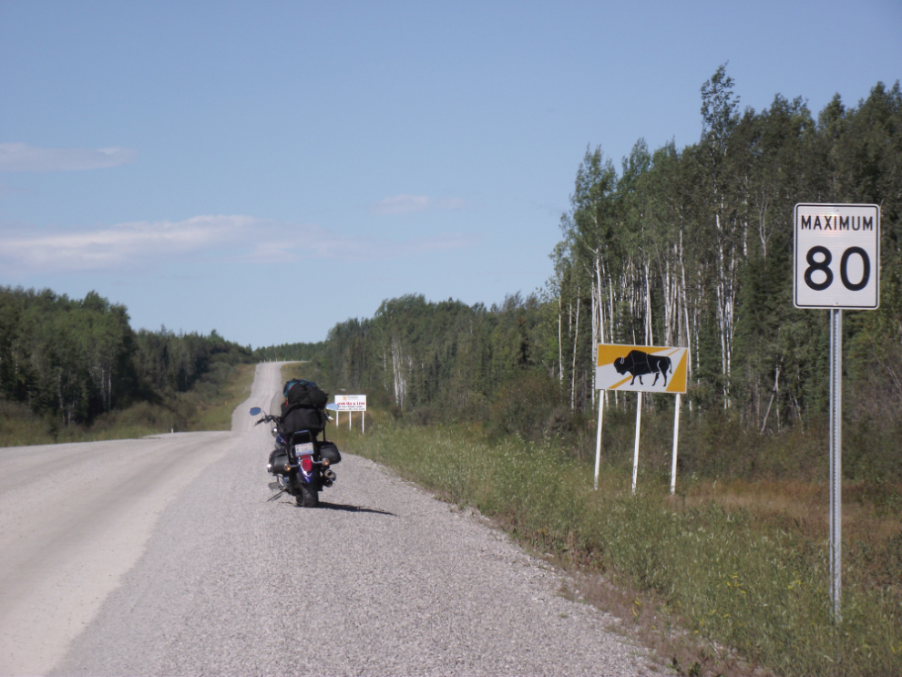 Speed and bison signs along the Liard Highway