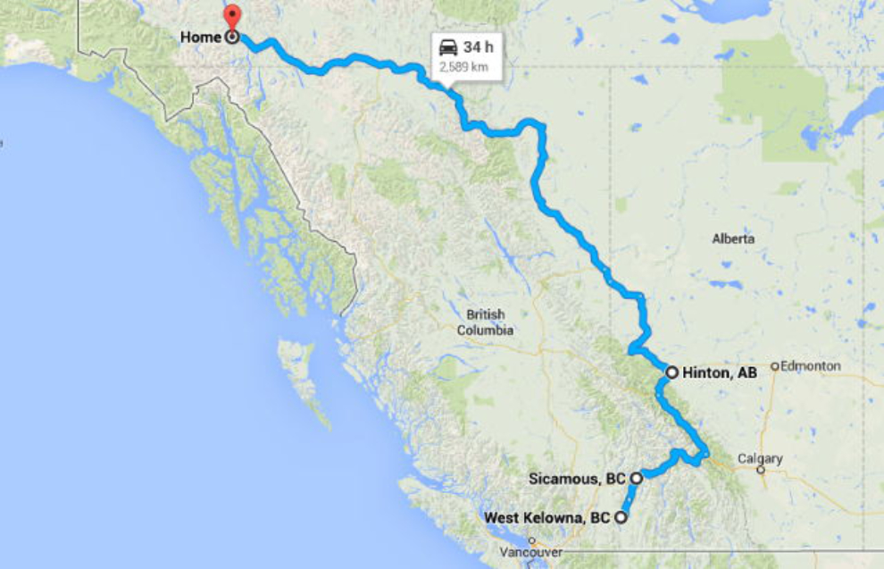 Map of my trip from Kelowna to Whitehorse