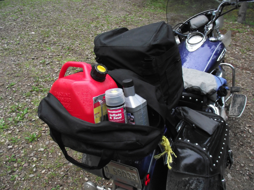 Extra supplies on my motorcycle for a ride on the Mackenzie Highway 