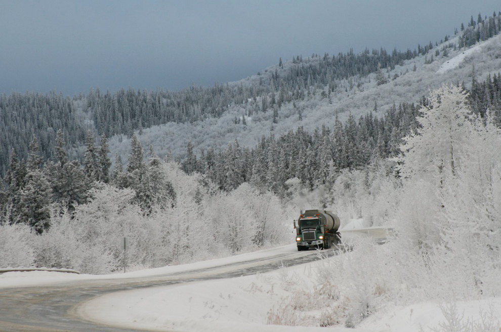 Fuel tanker on the frosty South Klondike Highway, Yukon