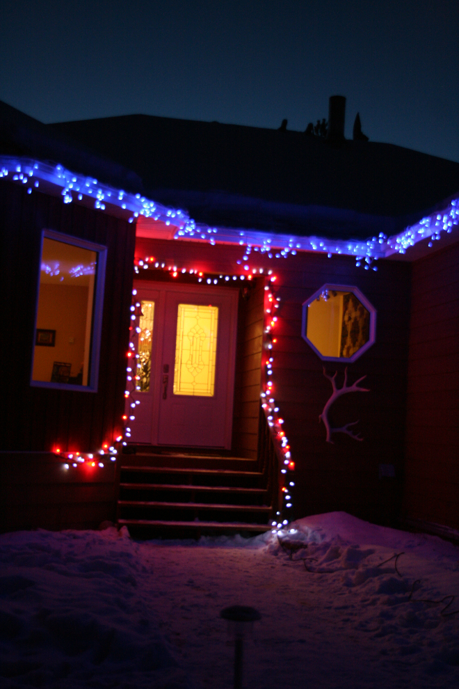 Christmas lights on our home at Whitehorse, Yukon